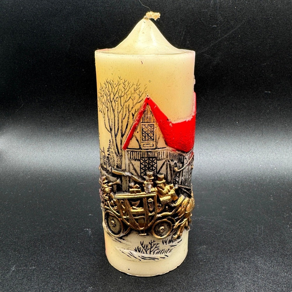 Vintage 1970s Holiday Elegance 3D Pillar Candle Horse Carriage Christmas 6"